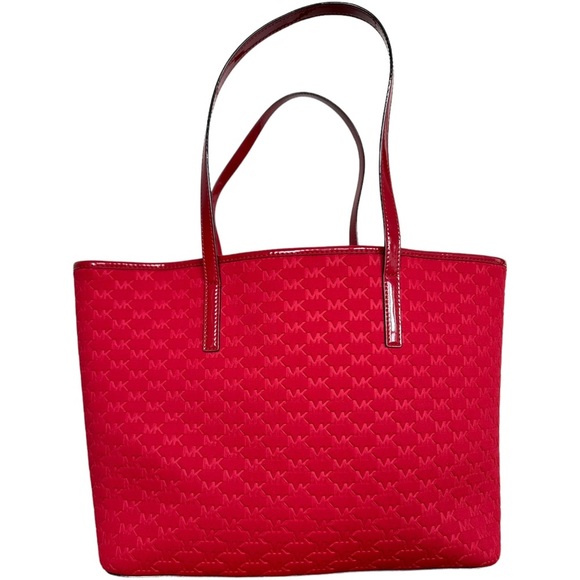 Michael Michael Kors Red Embossed Logo Scuba Fabric Patent Strap Large Tote Bag - Picture 4 of 12